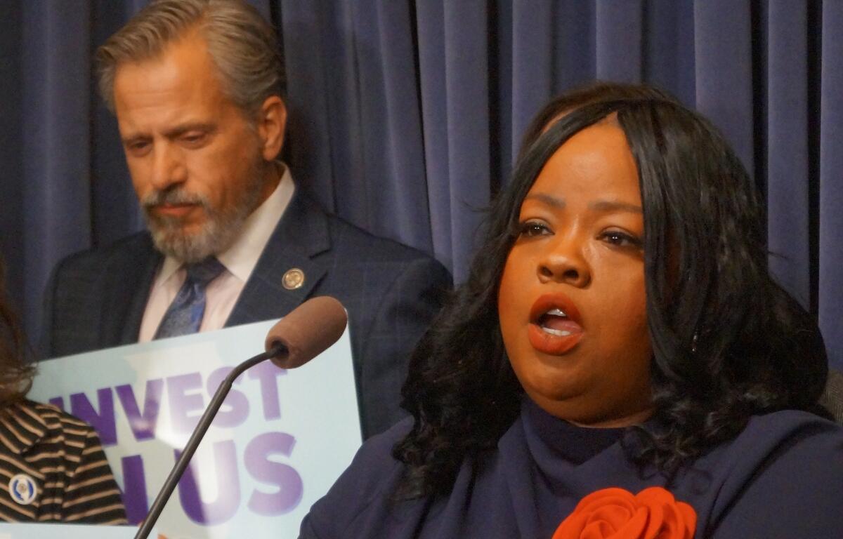 Sen. Lakesia Collins, D-Chicago, discusses budget proposals at a news conference at the Illinois Capitol on May 6, 2026. (Capitol News Illinois photo by Peter Hancock)