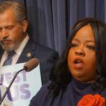 Sen. Lakesia Collins, D-Chicago, discusses budget proposals at a news conference at the Illinois Capitol on May 6, 2026. (Capitol News Illinois photo by Peter Hancock)