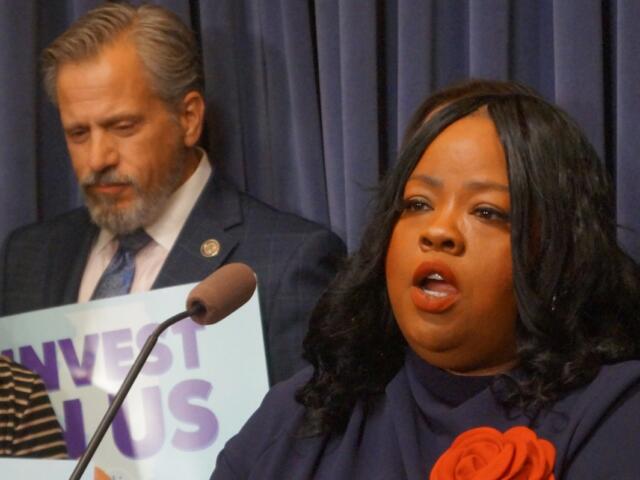 Sen. Lakesia Collins, D-Chicago, discusses budget proposals at a news conference at the Illinois Capitol on May 6, 2026. (Capitol News Illinois photo by Peter Hancock)