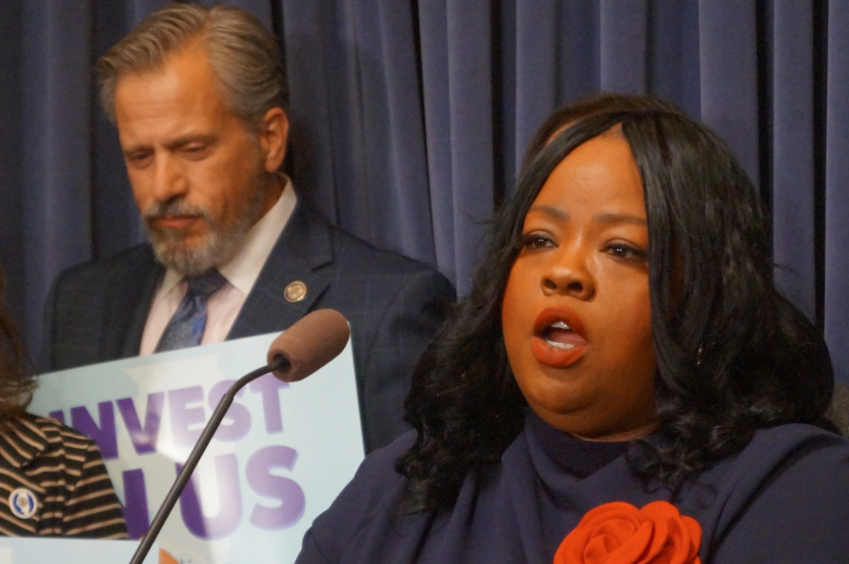 Sen. Lakesia Collins, D-Chicago, discusses budget proposals at a news conference at the Illinois Capitol on May 6, 2026. (Capitol News Illinois photo by Peter Hancock)