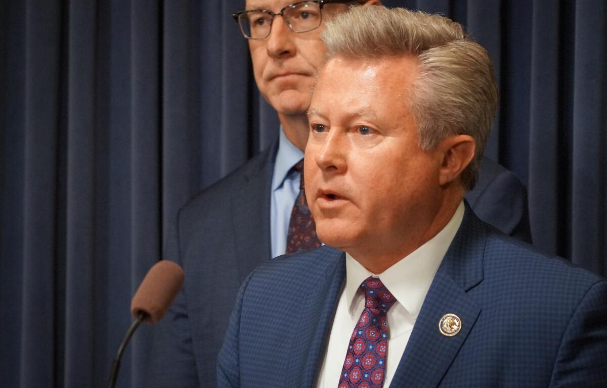 Sen. Seth Lewis, R-Bartlett, speaks at a news conference alongside Senate Republican Leader John Curran, R-Downers Grove, at the Illinois Capitol on May 6, 2026. (Capitol News Illinois photo by Peter Hancock)