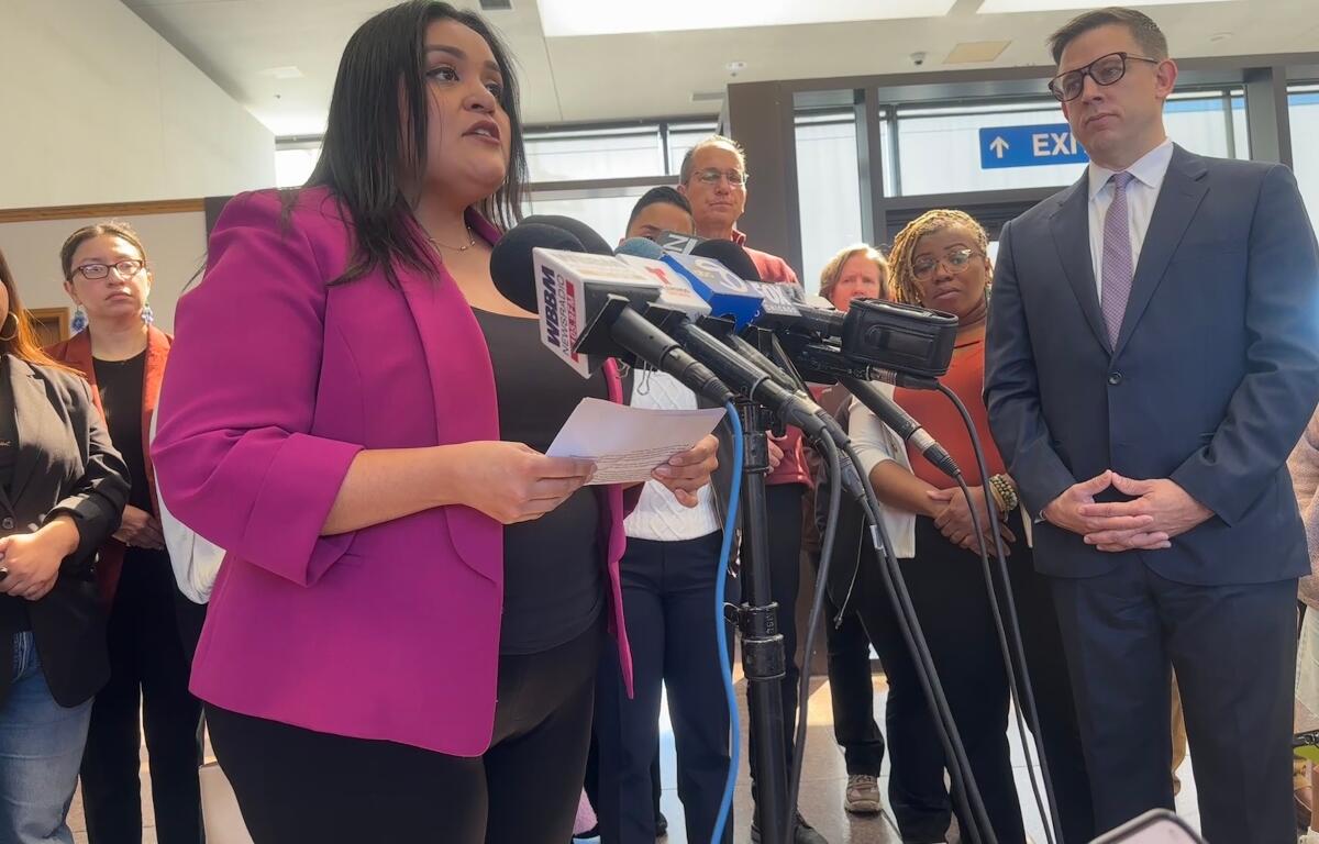 State Rep. Norma Hernandez, D-Melrose Park, speaks to reporters after a hearing on Monday, May 11, 2025, at the Cook County Criminal Courthouse. (Capitol News Illinois photo by Hannah Meisel)