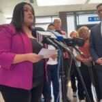 State Rep. Norma Hernandez, D-Melrose Park, speaks to reporters after a hearing on Monday, May 11, 2025, at the Cook County Criminal Courthouse. (Capitol News Illinois photo by Hannah Meisel)