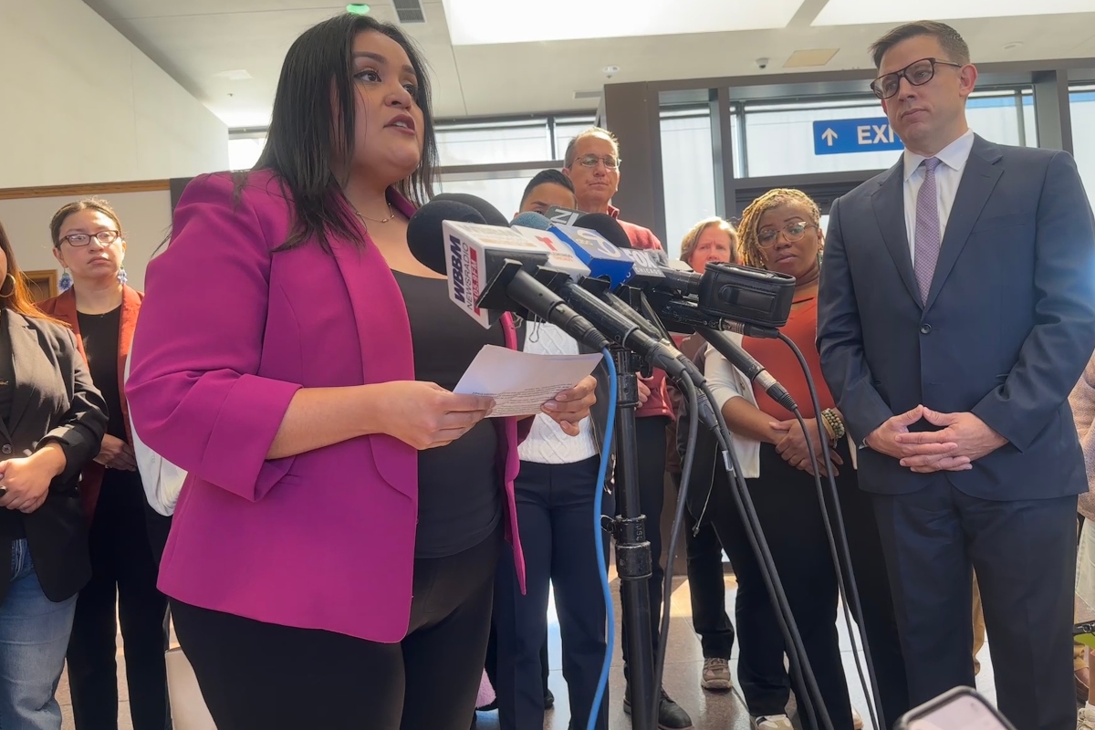 State Rep. Norma Hernandez, D-Melrose Park, speaks to reporters after a hearing on Monday, May 11, 2025, at the Cook County Criminal Courthouse. (Capitol News Illinois photo by Hannah Meisel)