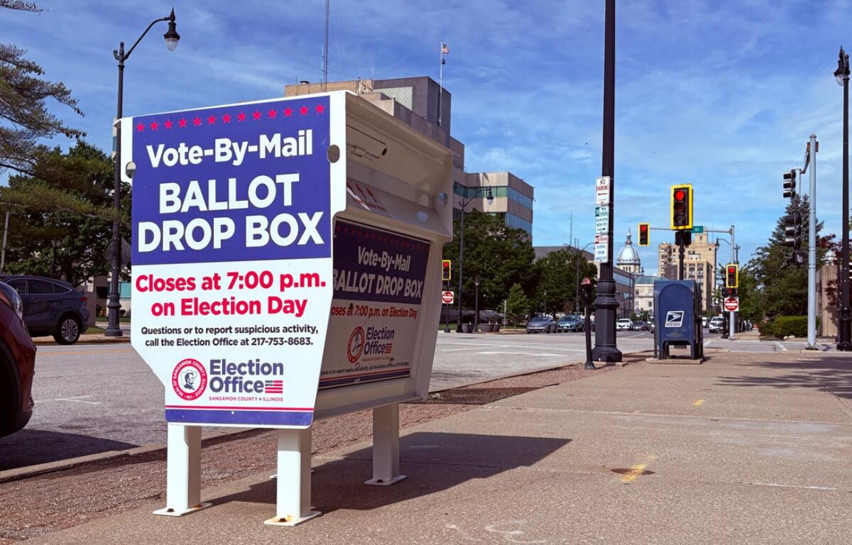 A vote-by-mail drop box is pictured in Sangamon County, blocks away from the Illinois State Capitol. (Capitol News Illinois photo by Jerry Nowicki)