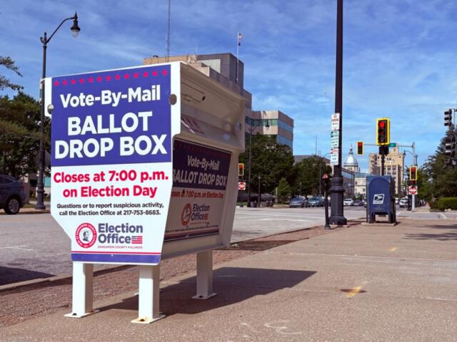 A vote-by-mail drop box is pictured in Sangamon County, blocks away from the Illinois State Capitol. (Capitol News Illinois photo by Jerry Nowicki)