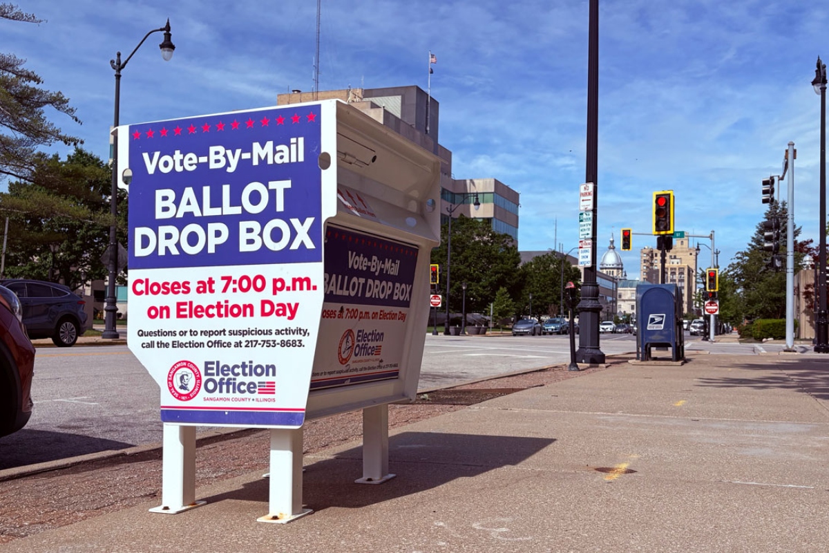 A vote-by-mail drop box is pictured in Sangamon County, blocks away from the Illinois State Capitol. (Capitol News Illinois photo by Jerry Nowicki)