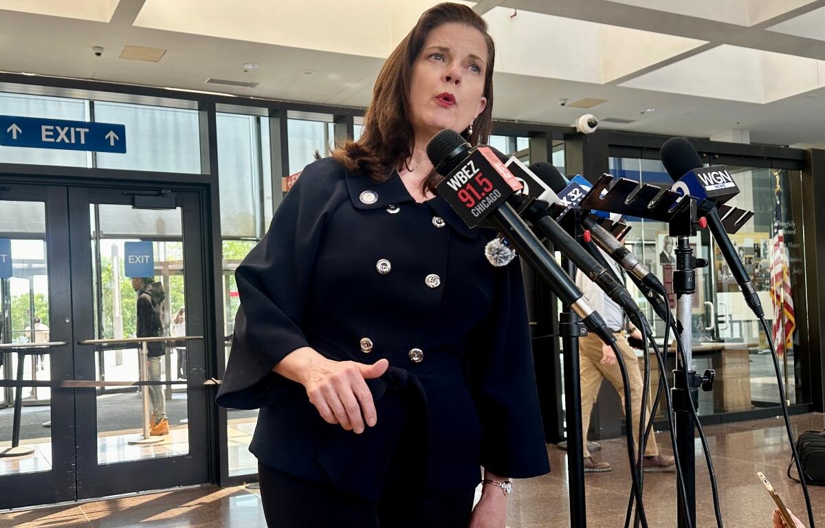 Cook County State's Attorney Eileen O'Neill Burke addresses reporters on Thursday, May 21, 2026, in the Cook County criminal courthouse. (Capitol News Illinois photo by Hannah Meisel)