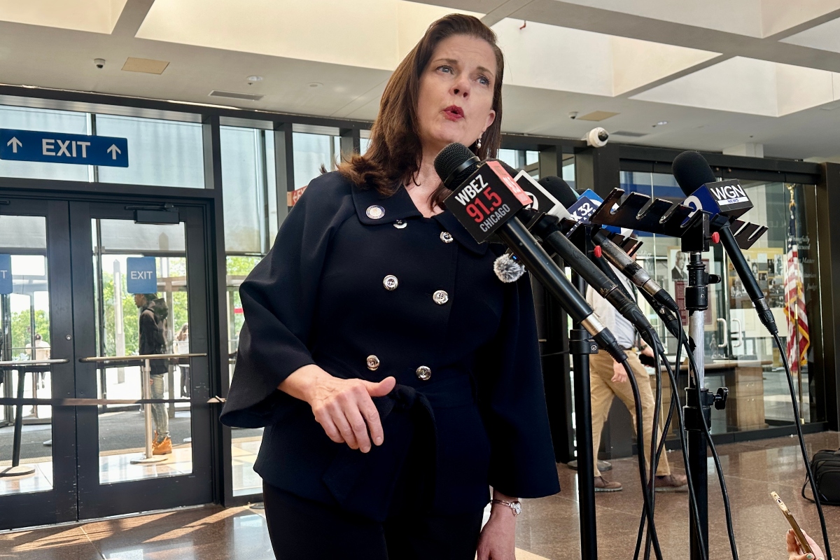 Cook County State's Attorney Eileen O'Neill Burke addresses reporters on Thursday, May 21, 2026, in the Cook County criminal courthouse. (Capitol News Illinois photo by Hannah Meisel)