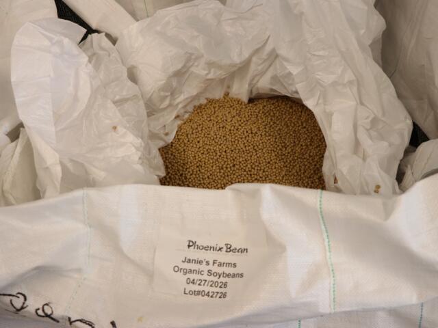 Totes of organic food-grade soybeans are delivered from a local farm to Phoenix Bean. (Medill Illinois News Bureau photo by Tara Sun)