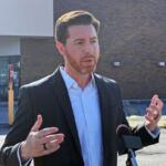 Collin Corbett, a former Republican political strategist, speaks to reporters outside the Illinois State Board of Elections in Springfield on Tuesday, May 26, 2026, after filing petitions to run for governor as an independent candidate. (Capitol News Illinois photo by Ben Szalinski)