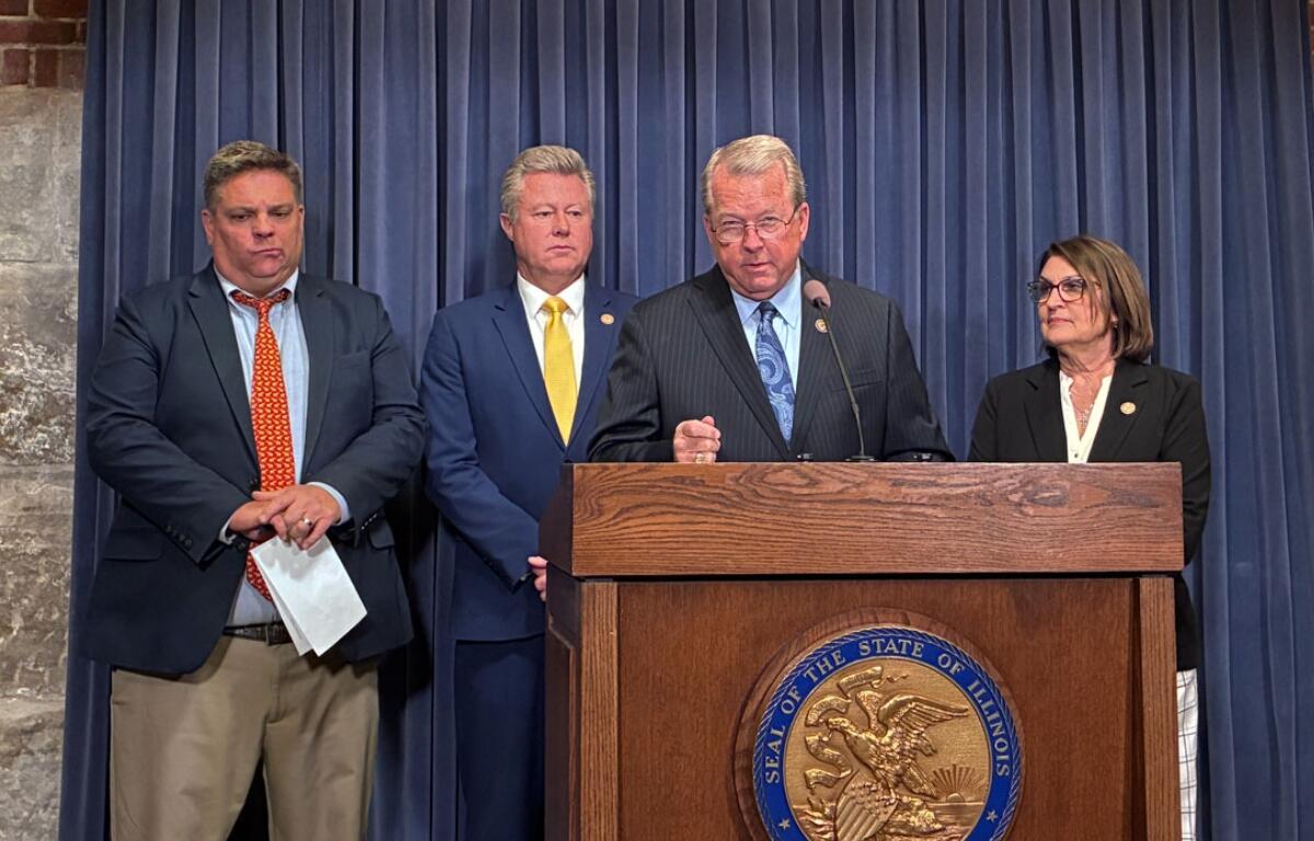 Sen. Don DeWitte, R-St. Charles, discusses the budget at a news conference at the Statehouse on May 27, 2026. (Capitol News Illinois photo by Ben Szalinski)