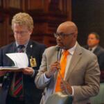 Democratic Rep. Thaddeus Jones speaks on the House floor on his way to passing a pair of bills to regulate the homeowner and auto insurance industries. (Capitol News Illinois photo by Jenna Schweikert)