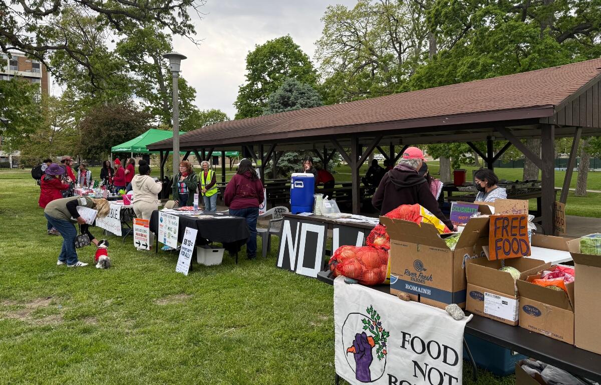 Park scene of volunteers distributing free food from tables under a pavilion; signs say 'Free Food' and 'Food Not Bombs'.