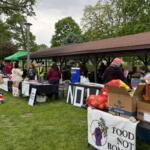 Park scene of volunteers distributing free food from tables under a pavilion; signs say 'Free Food' and 'Food Not Bombs'.
