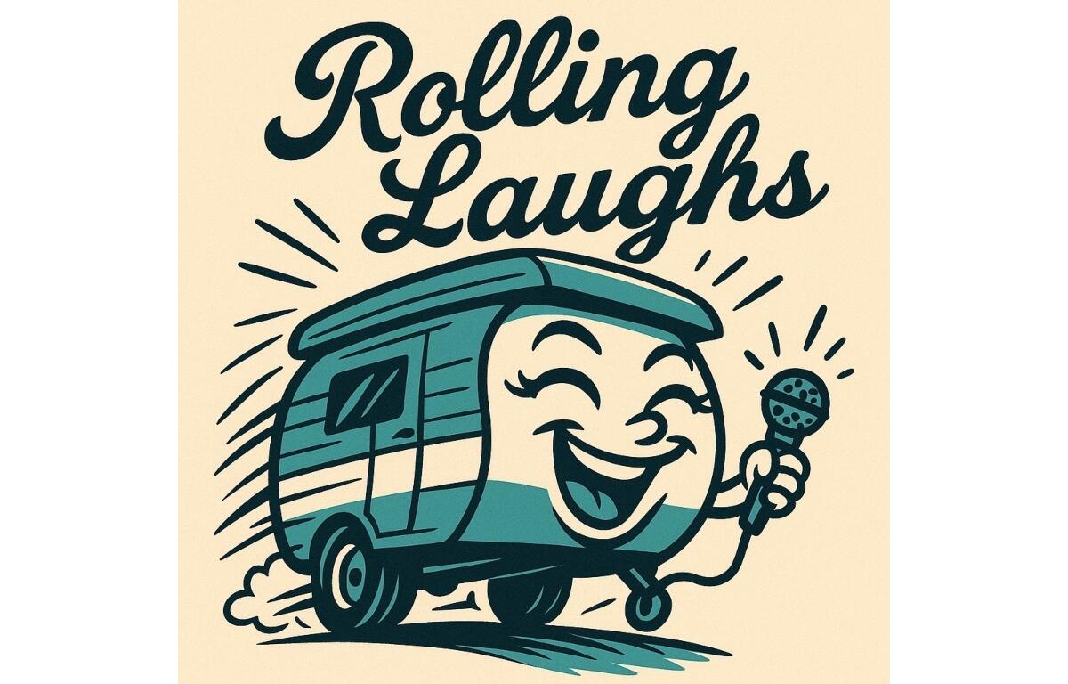 Cartoon camper trailer with a smiling face holding a microphone, under the words 'Rolling Laughs' in a retro poster style (comedy poster).