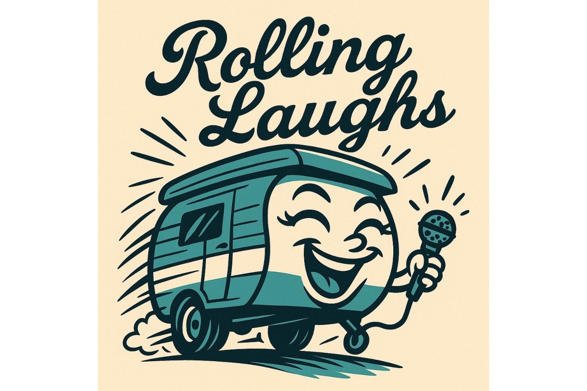 Cartoon camper trailer with a smiling face holding a microphone, under the words 'Rolling Laughs' in a retro poster style (comedy poster).