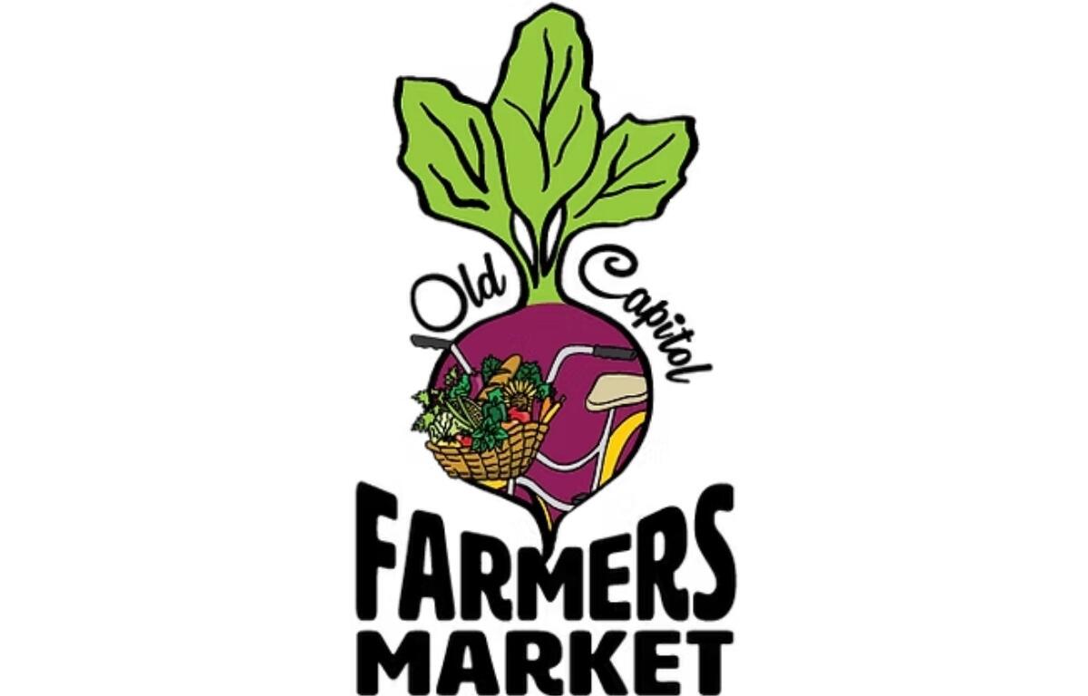 Logo for Old Capitol Farmers Market: purple beet with green leaves, a basket of vegetables, and bold FARMERS MARKET text.