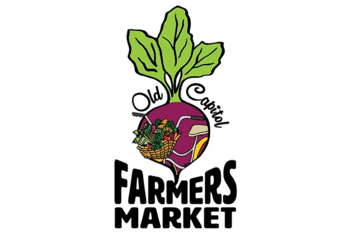 Logo for Old Capitol Farmers Market: purple beet with green leaves, a basket of vegetables, and bold FARMERS MARKET text.