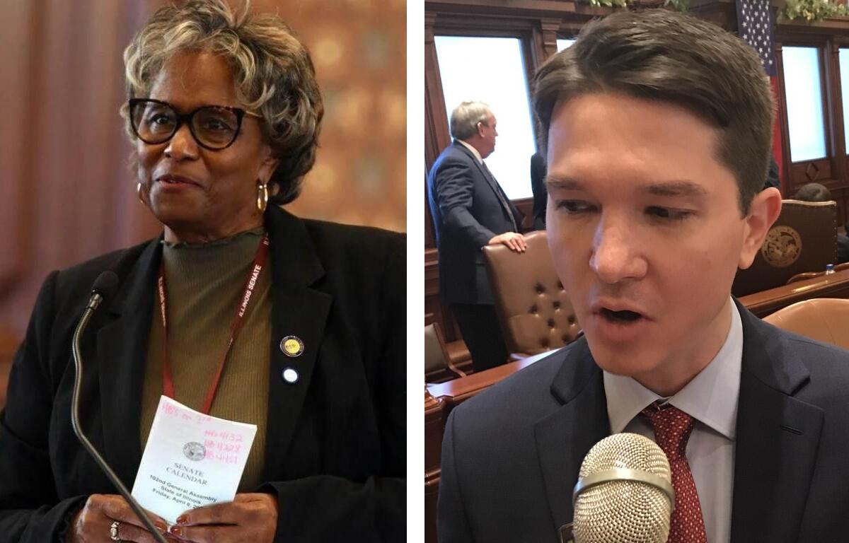 Side-by-side: left is an older woman with glasses speaking at a podium; right is a man in a suit speaking into a large microphone in a government chamber.