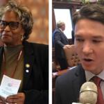 Side-by-side: left is an older woman with glasses speaking at a podium; right is a man in a suit speaking into a large microphone in a government chamber.