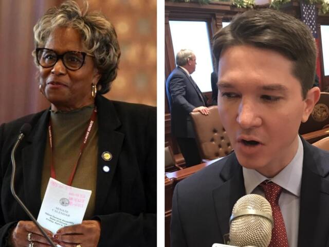 Side-by-side: left is an older woman with glasses speaking at a podium; right is a man in a suit speaking into a large microphone in a government chamber.