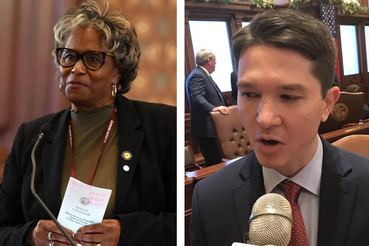Side-by-side: left is an older woman with glasses speaking at a podium; right is a man in a suit speaking into a large microphone in a government chamber.