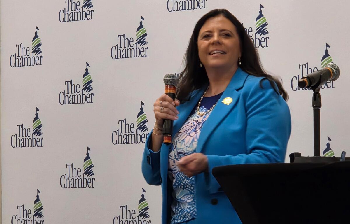 Mayor Misty Buscher speaks at the annual "State of Greater Springfield" hosted by the Greater Springfield Chamber of Commerce Tuesday, May 19, 2026.