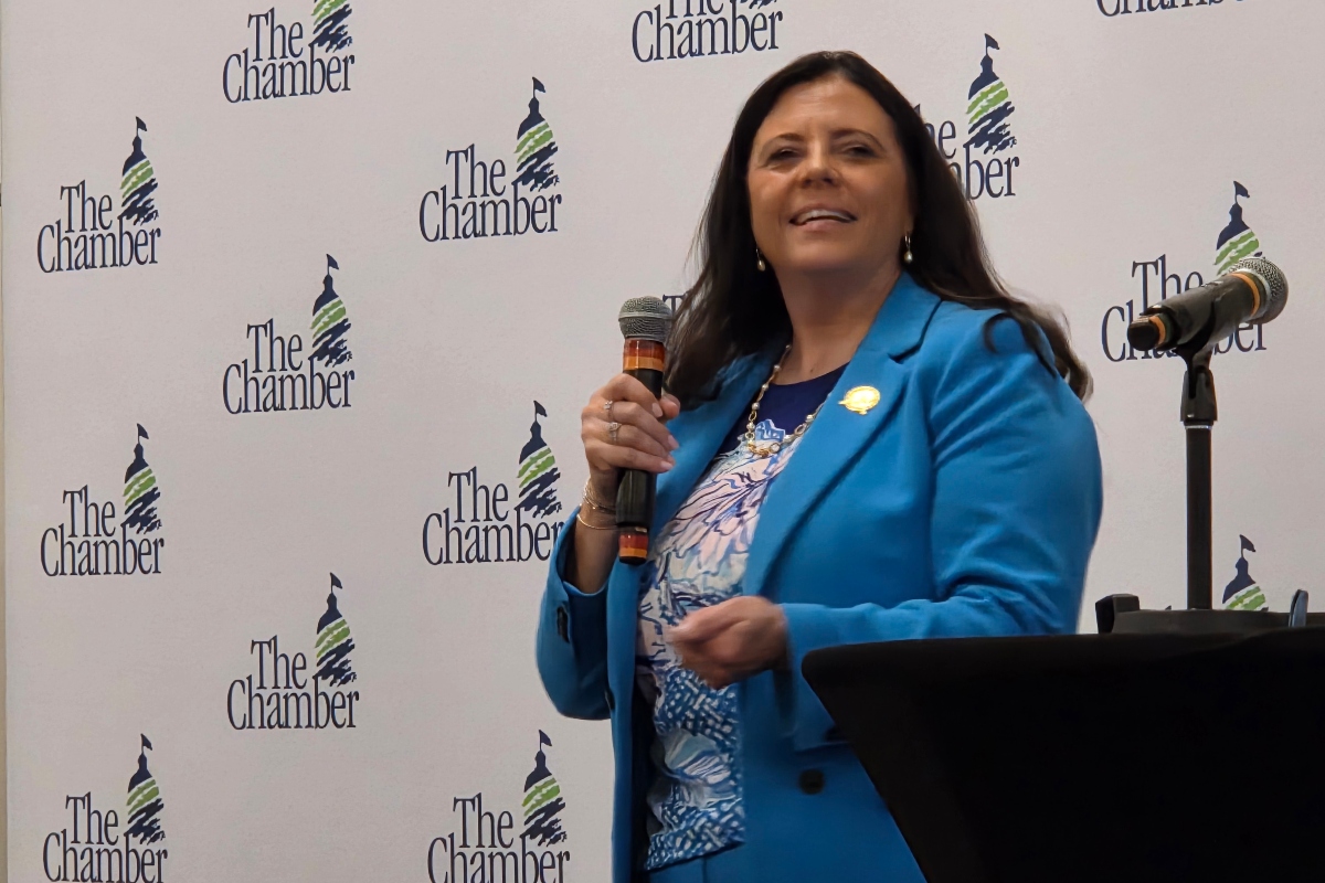 Mayor Misty Buscher speaks at the annual "State of Greater Springfield" hosted by the Greater Springfield Chamber of Commerce Tuesday, May 19, 2026.