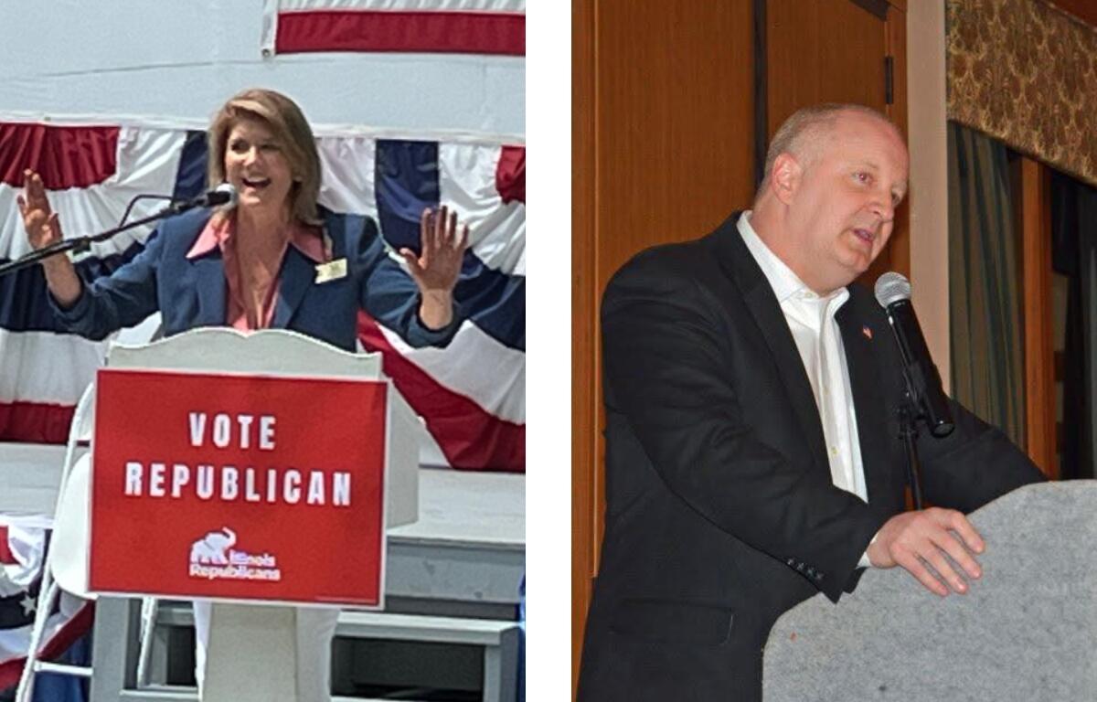 Kathi Salvi (left) former Illinois Republican Party chair, and Bob Grogan, Salvi's replacement.
