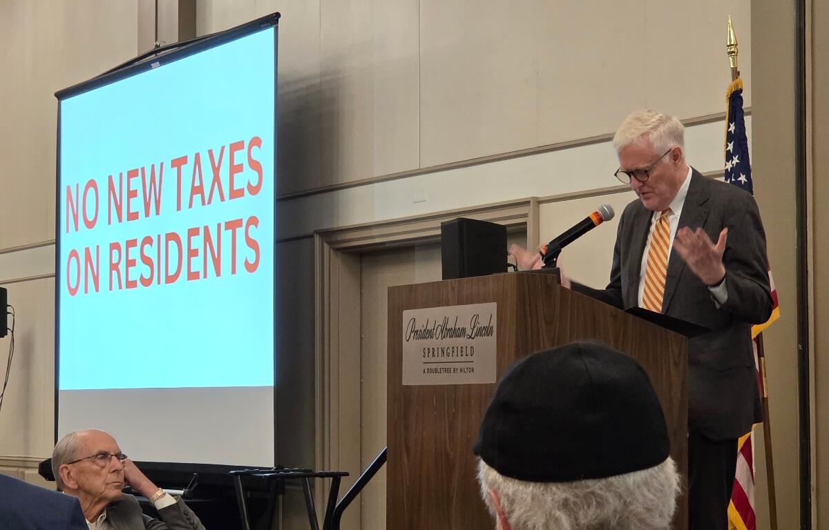 Sangamon County Board Chair Andy Van Meter emphasizes that taxes will not be raised on county residents in order to expand the BOS Center and build a new hotel, in a Greater Springfield Chamber of Commerce event May 19, 2026.
