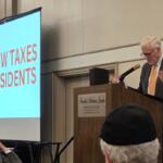 Sangamon County Board Chair Andy Van Meter emphasizes that taxes will not be raised on county residents in order to expand the BOS Center and build a new hotel, in a Greater Springfield Chamber of Commerce event May 19, 2026.