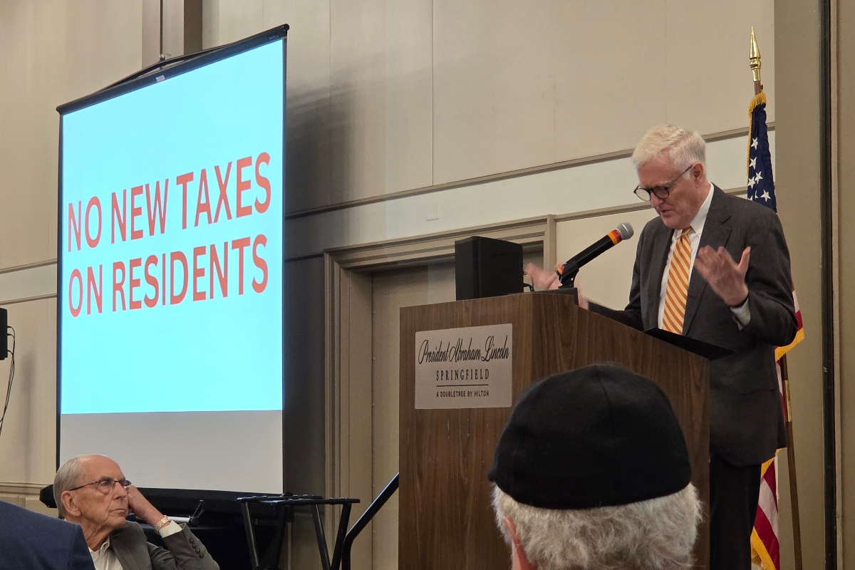 Sangamon County Board Chair Andy Van Meter emphasizes that taxes will not be raised on county residents in order to expand the BOS Center and build a new hotel, in a Greater Springfield Chamber of Commerce event May 19, 2026.
