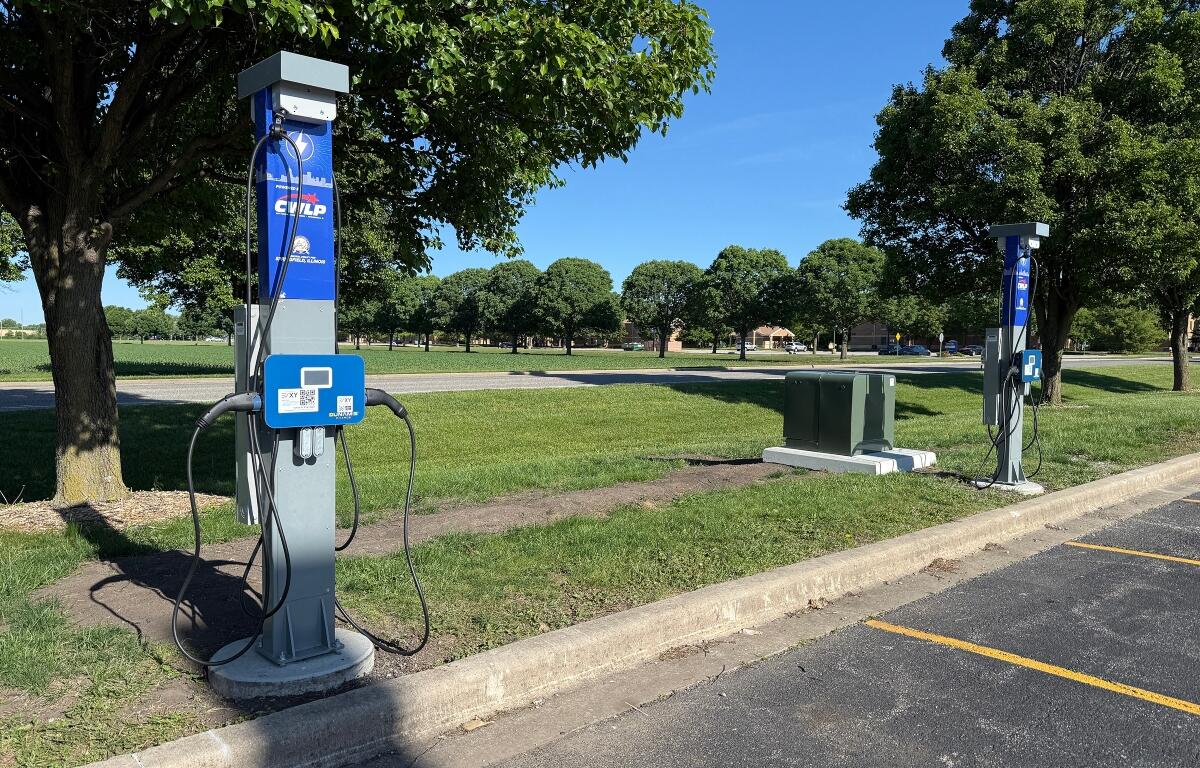These electric vehicle charging stations are now available near the athletic center at the University of Illinois Springfield.