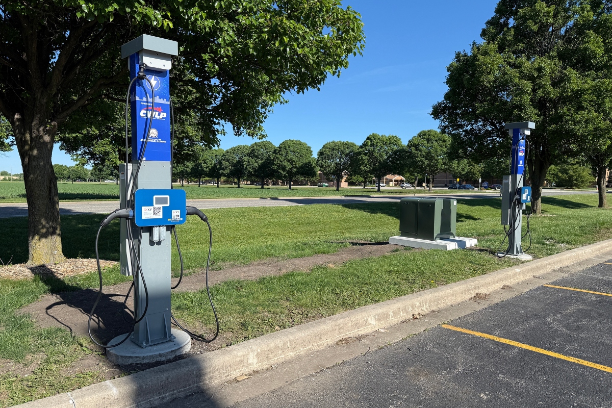 These electric vehicle charging stations are now available near the athletic center at the University of Illinois Springfield.