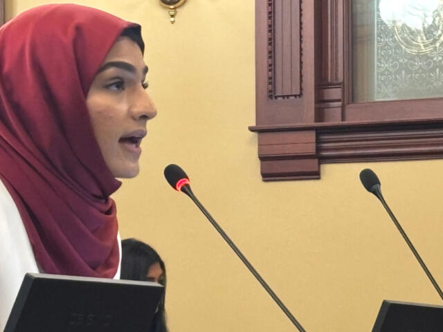 Profile of a woman in a maroon hijab speaking into a microphone at a lectern in a formal room, holding a folder.