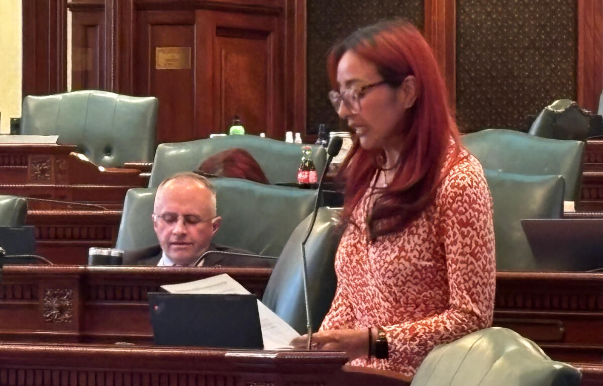 Woman with long red hair and glasses speaks at a microphone in a wood-paneled legislative chamber close to a desk and papers.