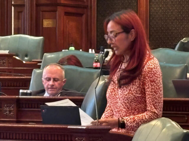 Woman with long red hair and glasses speaks at a microphone in a wood-paneled legislative chamber close to a desk and papers.