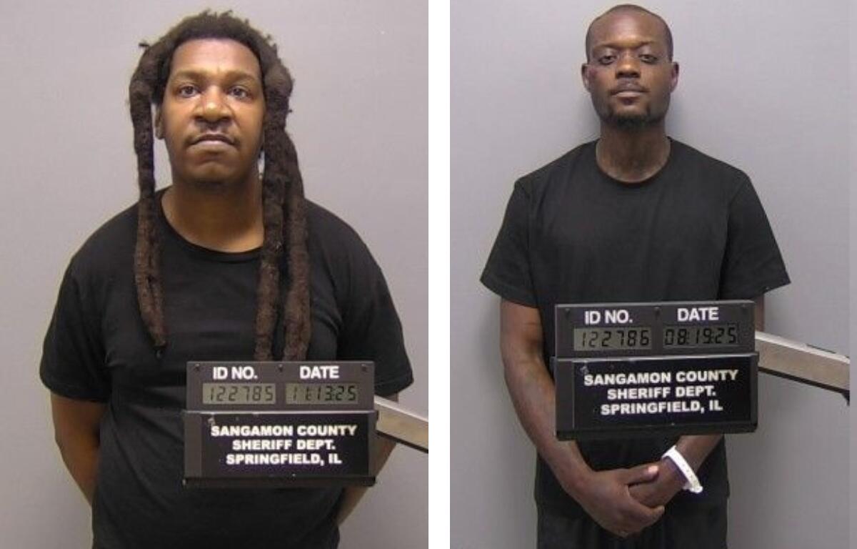 Two mugshots: a man with long dreadlocks and a man with short hair, both in black shirts, each holding a booking board with an ID and date, labeled Sangamon County Sheriff’s Dept., Springfield, IL.
