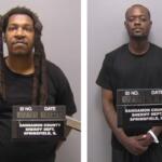 Two mugshots: a man with long dreadlocks and a man with short hair, both in black shirts, each holding a booking board with an ID and date, labeled Sangamon County Sheriff’s Dept., Springfield, IL.