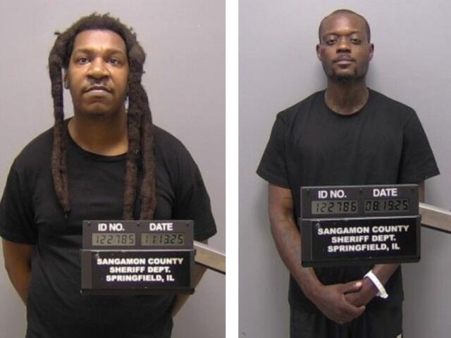 Two mugshots: a man with long dreadlocks and a man with short hair, both in black shirts, each holding a booking board with an ID and date, labeled Sangamon County Sheriff’s Dept., Springfield, IL.