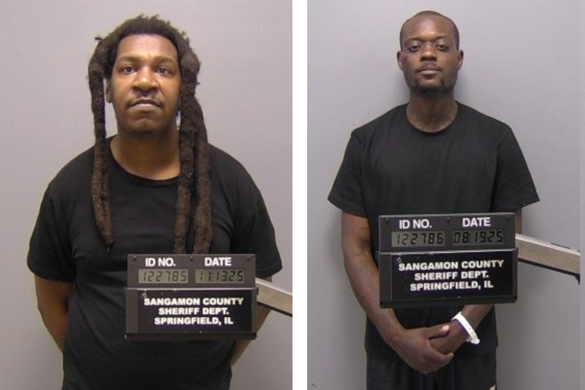 Two mugshots: a man with long dreadlocks and a man with short hair, both in black shirts, each holding a booking board with an ID and date, labeled Sangamon County Sheriff’s Dept., Springfield, IL.