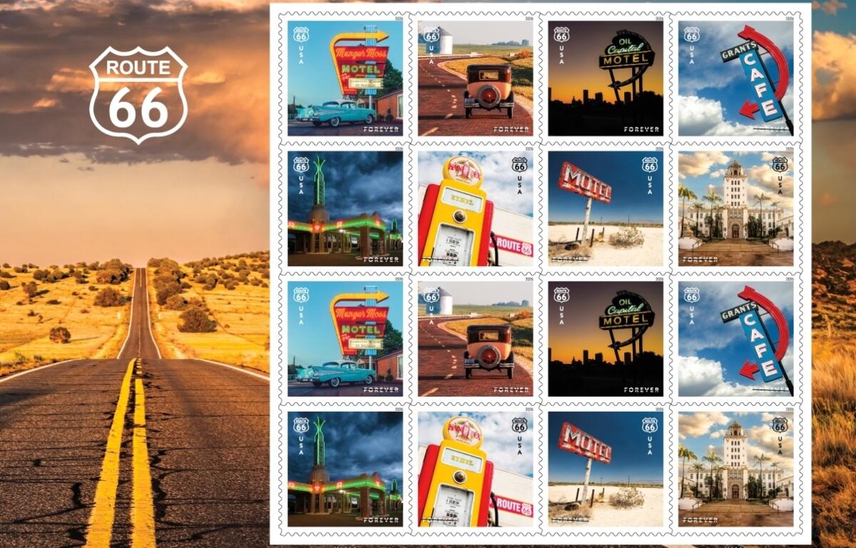 This image provided by the U.S. Postal Service shows stamps featuring historic spots along Route 66 that are being released in May 2026 to mark the celebrated highway's centennial. (U.S. Postal Service via AP)