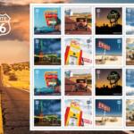 This image provided by the U.S. Postal Service shows stamps featuring historic spots along Route 66 that are being released in May 2026 to mark the celebrated highway's centennial. (U.S. Postal Service via AP)