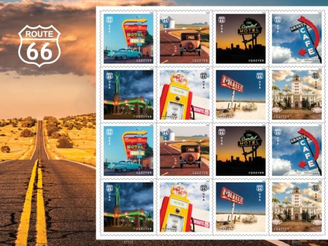 This image provided by the U.S. Postal Service shows stamps featuring historic spots along Route 66 that are being released in May 2026 to mark the celebrated highway's centennial. (U.S. Postal Service via AP)