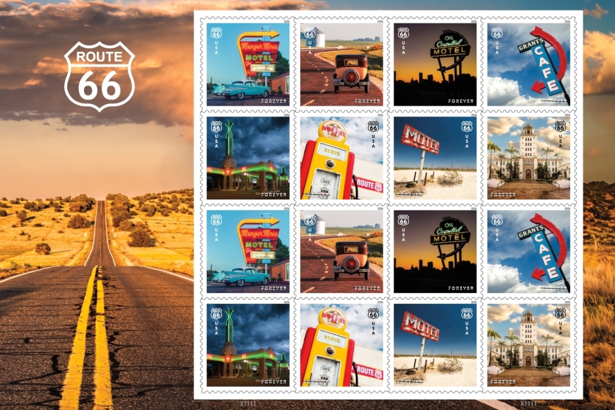 This image provided by the U.S. Postal Service shows stamps featuring historic spots along Route 66 that are being released in May 2026 to mark the celebrated highway's centennial. (U.S. Postal Service via AP)