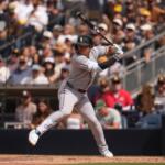 Chicago White Sox's Munetaka Murakami bats during the eighth inning of a baseball game against the San Diego Padres Sunday, May 3, 2026, in San Diego. (AP Photo/Gregory Bull)