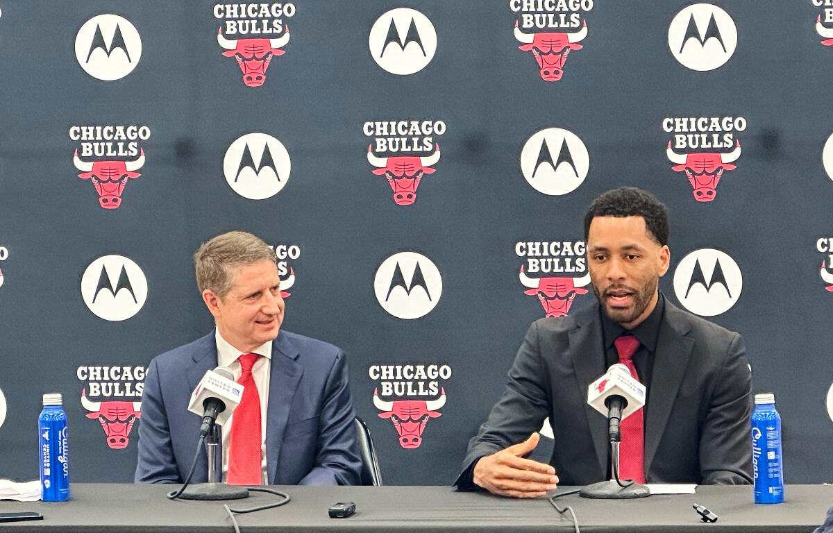 Chicago Bulls president and CEO Michael Reinsdorf, left, and the NBA basketball team's new executive vice president of basketball operations Bryson Graham address the media at a news conference in Chicago, Wednesday, May 6, 2026. (AP Photo/Andrew Seligman)