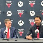 Chicago Bulls president and CEO Michael Reinsdorf, left, and the NBA basketball team's new executive vice president of basketball operations Bryson Graham address the media at a news conference in Chicago, Wednesday, May 6, 2026. (AP Photo/Andrew Seligman)