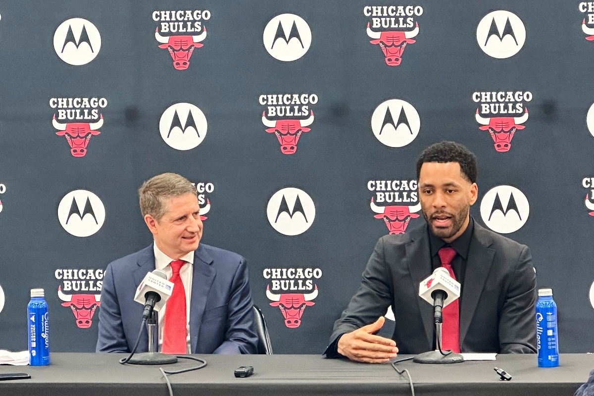 Chicago Bulls president and CEO Michael Reinsdorf, left, and the NBA basketball team's new executive vice president of basketball operations Bryson Graham address the media at a news conference in Chicago, Wednesday, May 6, 2026. (AP Photo/Andrew Seligman)